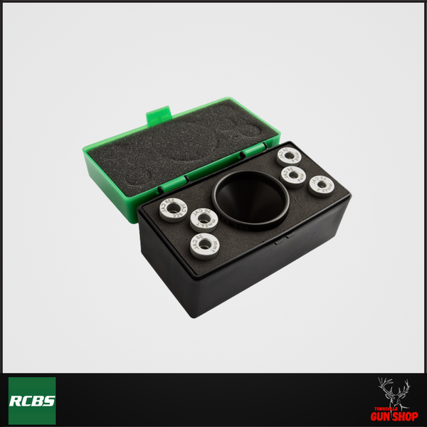 RCBS MatchMaster Aluminium Powder Funnel Kit (SKU: R98820) shown with funnel body and full set of calibre-specific inserts in tray. RCBS MatchMaster Aluminium Powder Funnel Kit (SKU: R98820) shown with funnel body and full set of calibre-specific inserts in tray.