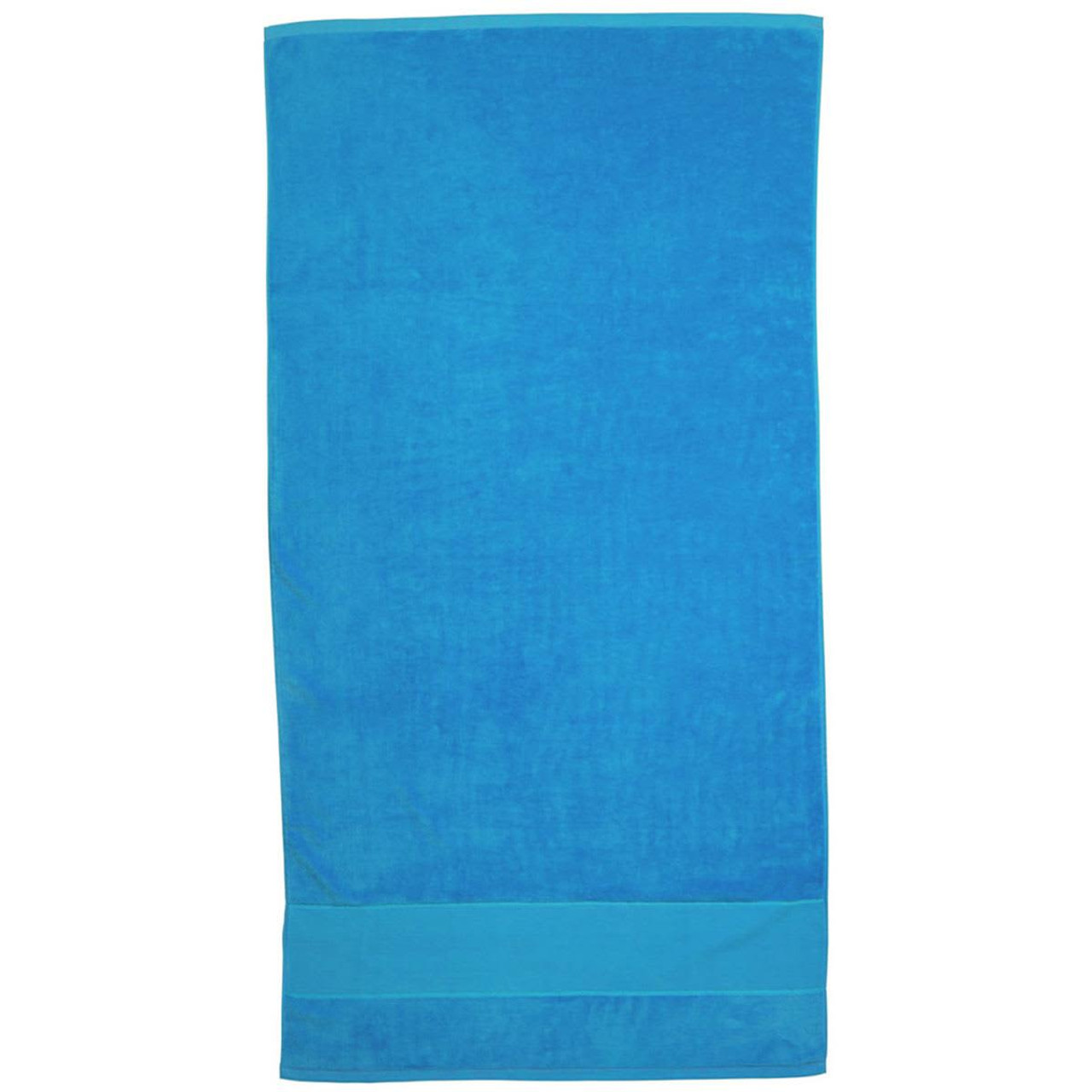 A vibrant blue Terry Velour Towel with a solid border, featuring a branding logo. A vibrant blue Terry Velour Towel with a solid border, featuring a branding logo.