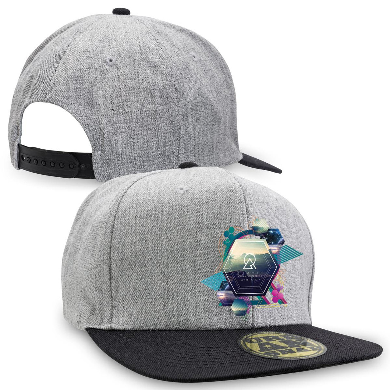 A grey cap with a black brim featuring a logo and colourful geometric design on the front. Adjustable snapback closure.