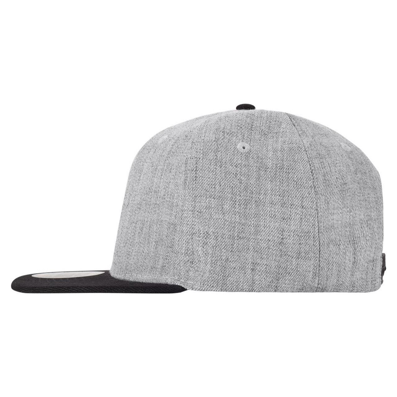 A grey cap with a black brim, featuring a logo on the side. Side view shows the neat stitching and design.