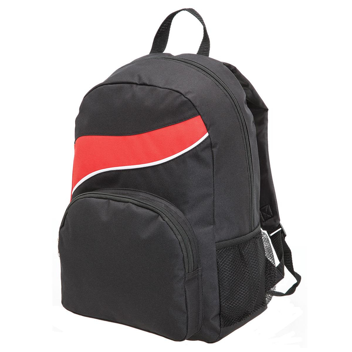 A black backpack with a red accent and a mesh side pocket, featuring a logo on the front.