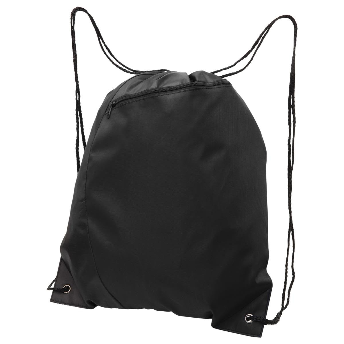 A black drawstring bag with a zippered pocket and adjustable straps, featuring a logo on the front.