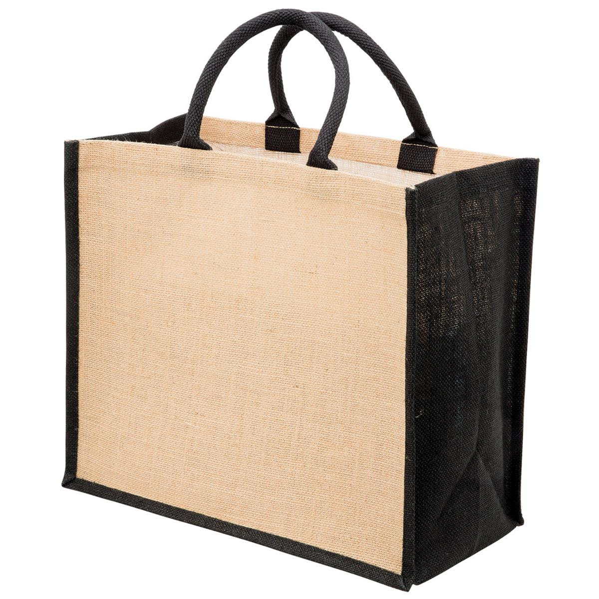 A jute tote bag with a wide gusset, featuring a natural beige body and black accents, and two sturdy handles.