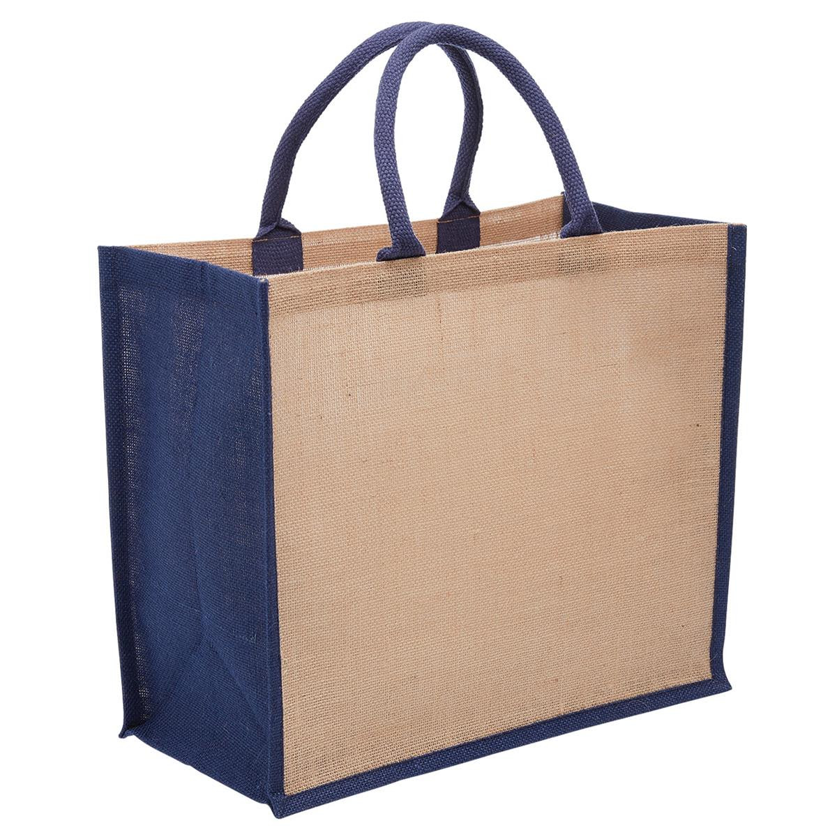 A jute tote bag with a wide gusset, featuring a natural and navy blue colour scheme and sturdy handles.