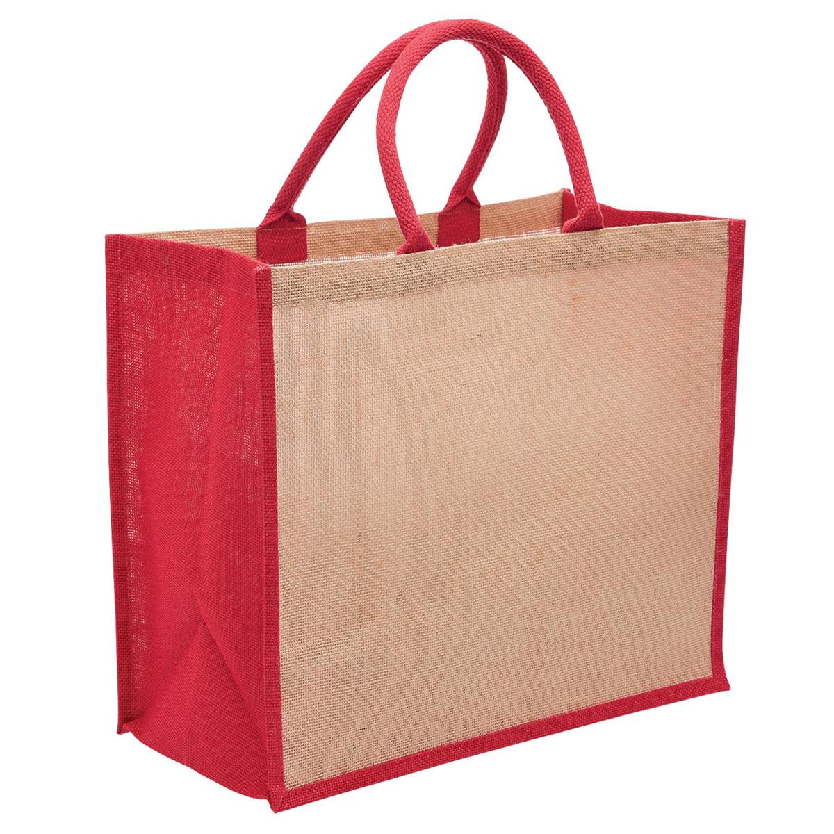 A jute tote bag with a wide gusset, featuring red handles and trim, and a natural-coloured body.