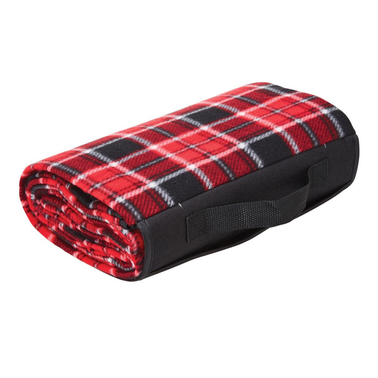 A rolled red and black plaid picnic rug with a carrying handle. The rug features a soft fleece material.