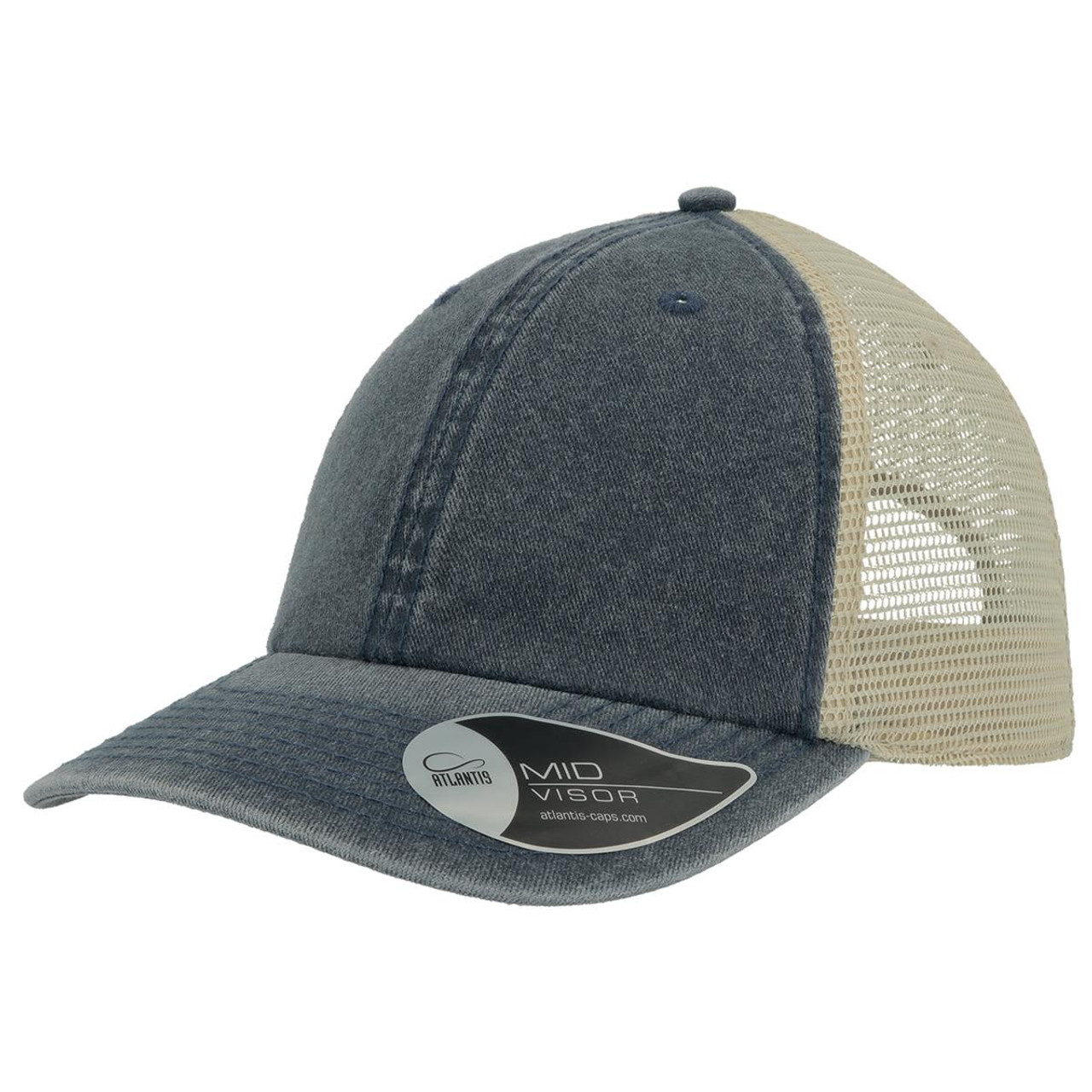 A trucker cap featuring a dark blue front with a beige mesh back and a mid visor, complete with a logo. A trucker cap featuring a dark blue front with a beige mesh back and a mid visor, complete with a logo.