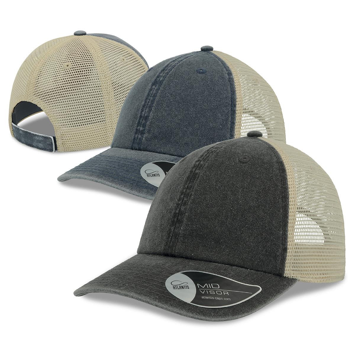 A range of trucker caps featuring a dark grey front and beige mesh sides, with one cap showing the back view.