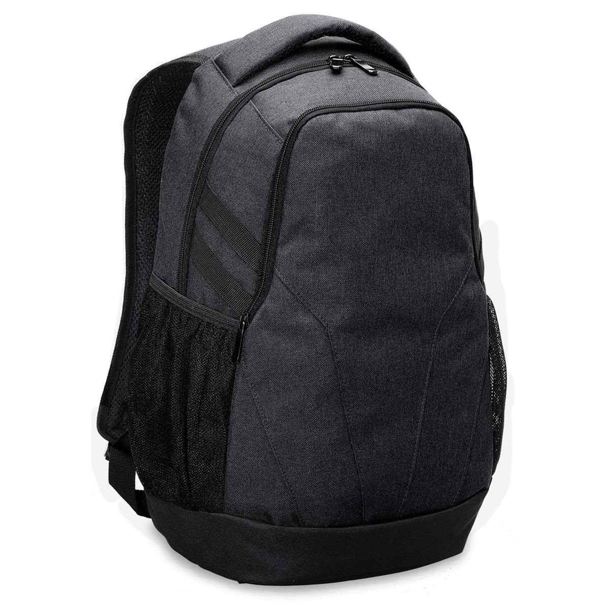 A grey laptop backpack featuring a spacious main compartment and mesh side pockets, with a logo on the front.