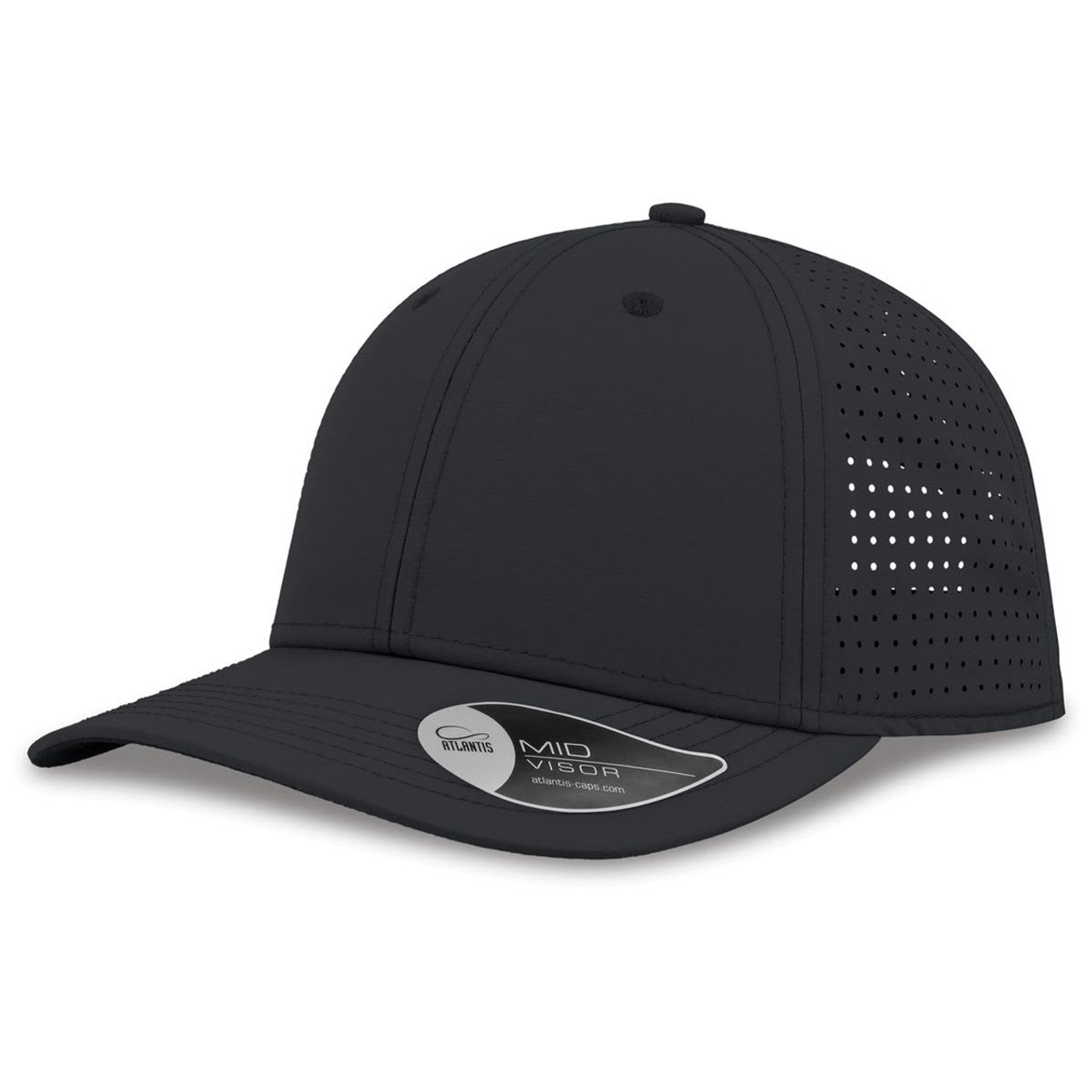 A black cap featuring perforated detailing on the sides, with a curved peak and an adjustable fit.
