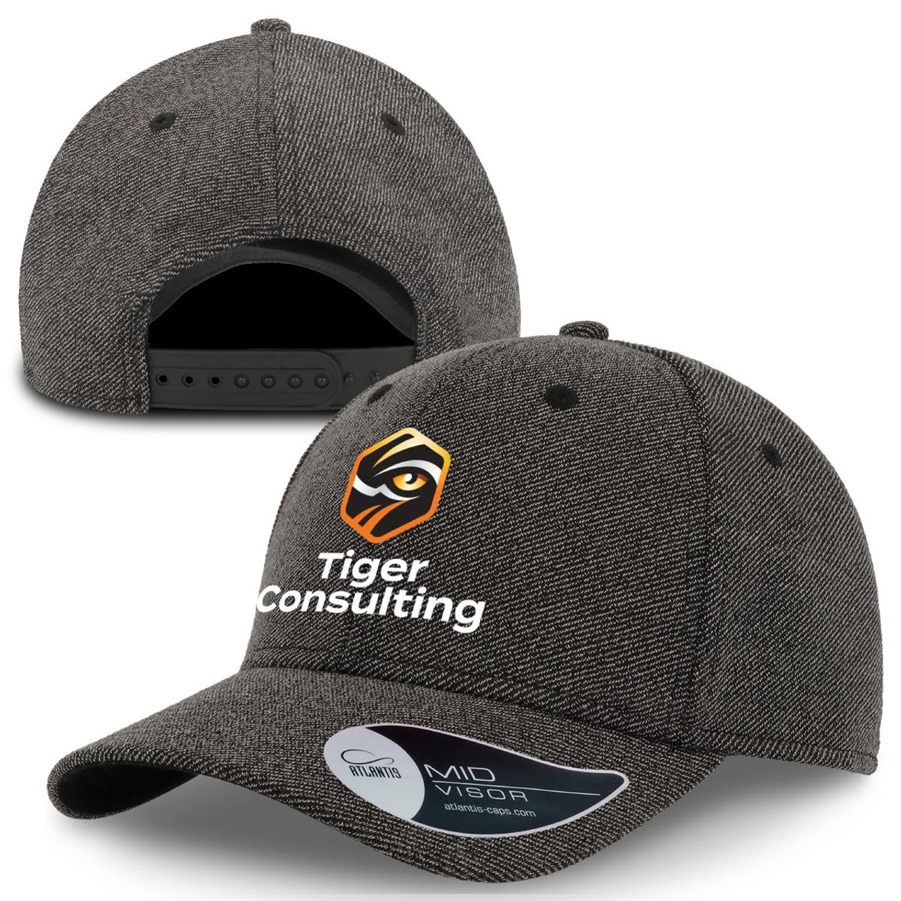 A grey cap with a mid visor featuring a logo and text. The cap has a textured fabric design.