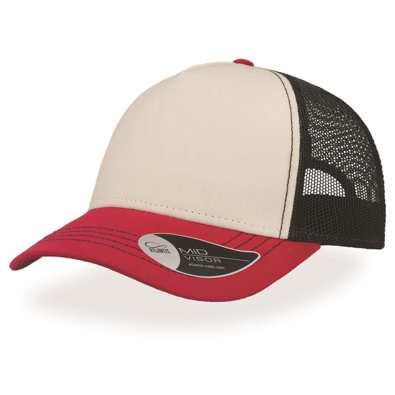 A cap with a cream front and red visor, featuring a black mesh back and a logo on the side.