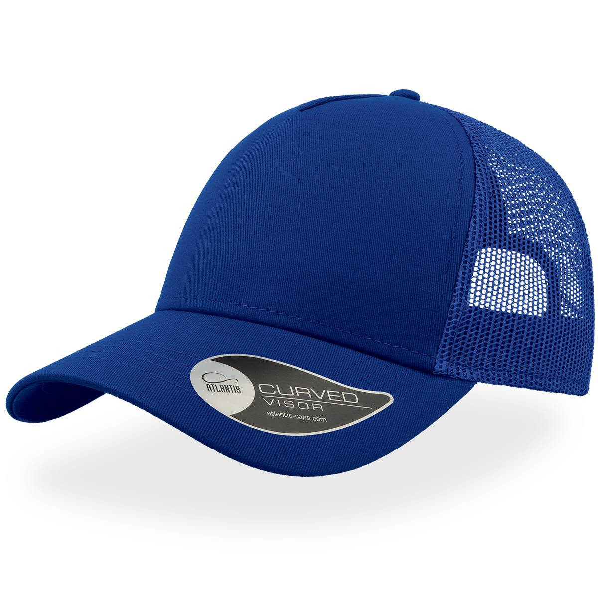 A blue trucker cap with a curved visor and a mesh panel on the sides, featuring a logo.