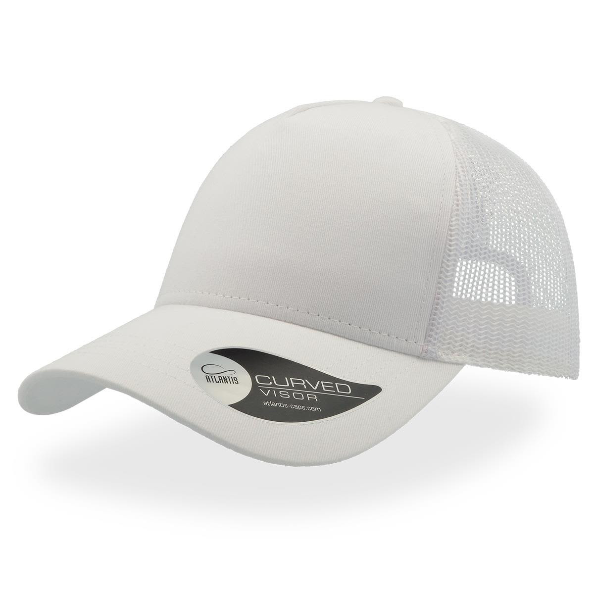 A white trucker cap with a curved visor and mesh back, featuring a logo on the side.