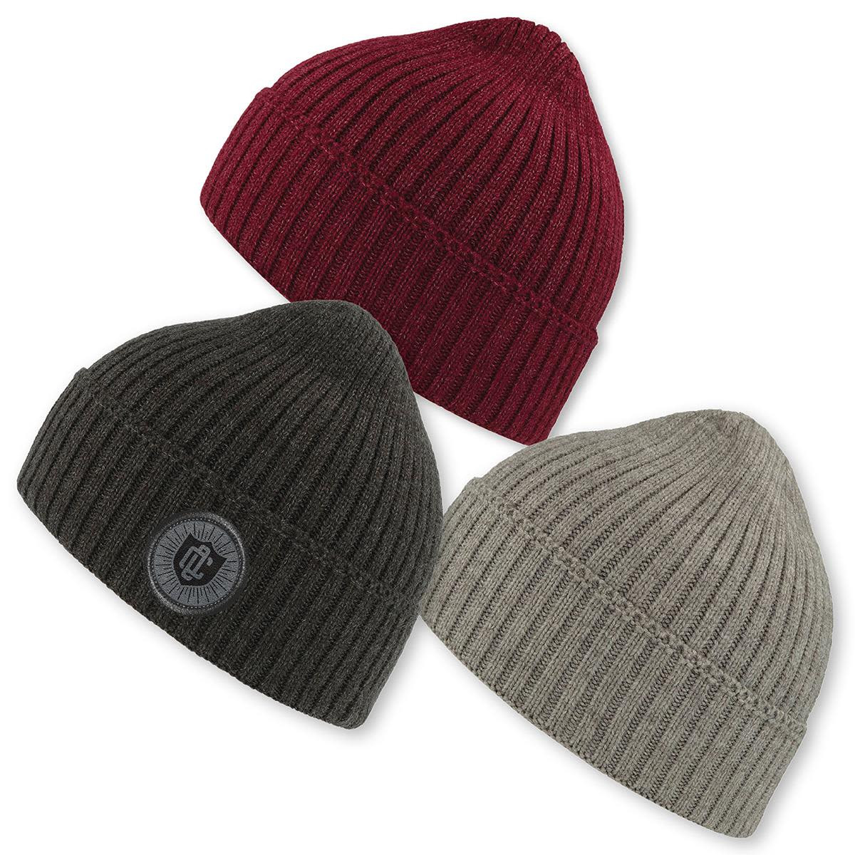 Three ribbed beanies in burgundy, grey, and dark green, each featuring a logo on one.