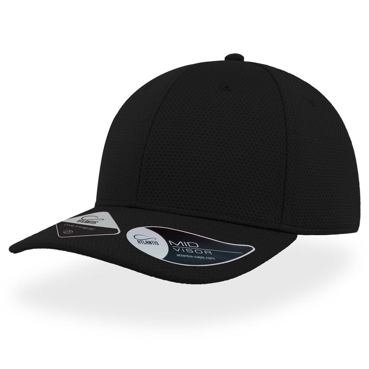 A black cap with a structured design and a curved brim, featuring a branding logo on the side.