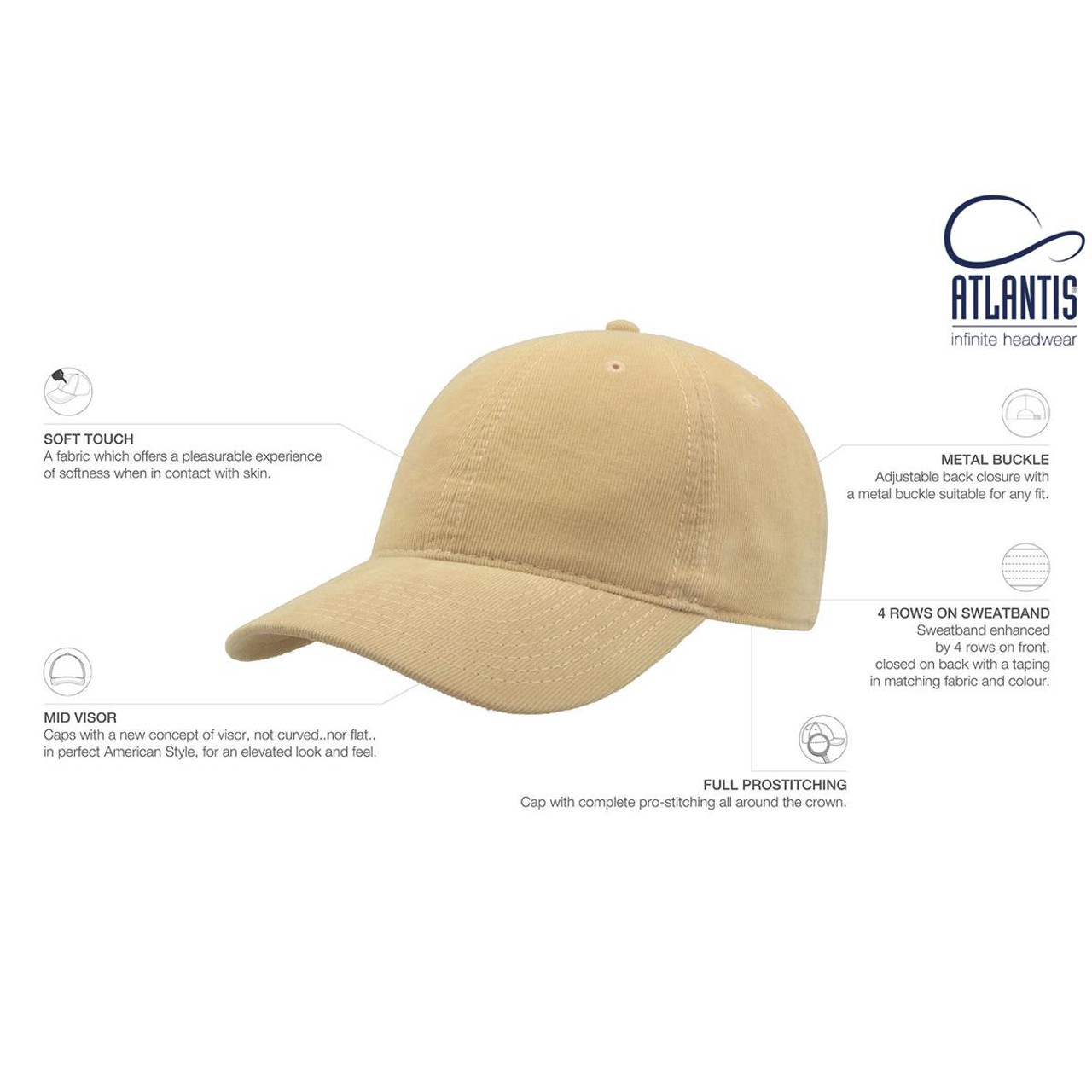 A beige corduroy cap featuring an adjustable metal buckle and four rows on the sweatband, with a logo.