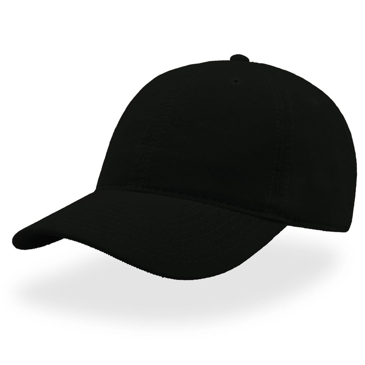 A black corduroy cap featuring a curved peak and a logo on the front.