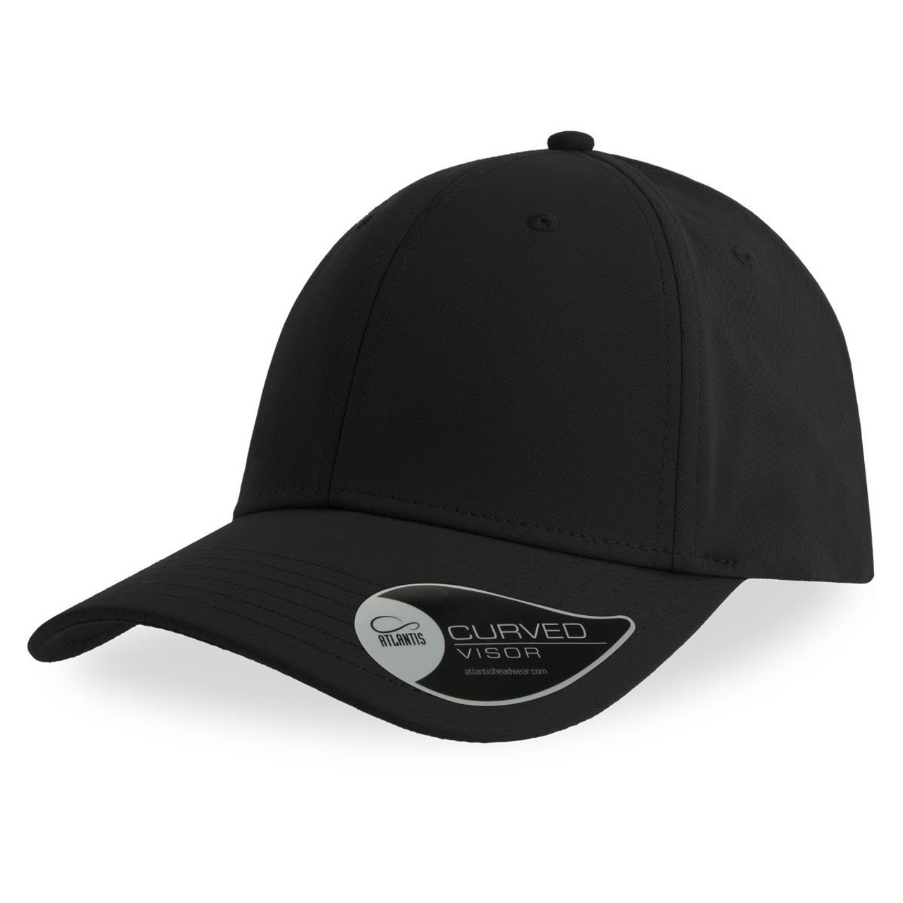 A black cap with a curved visor and a logo on the side. A black cap with a curved visor and a logo on the side.