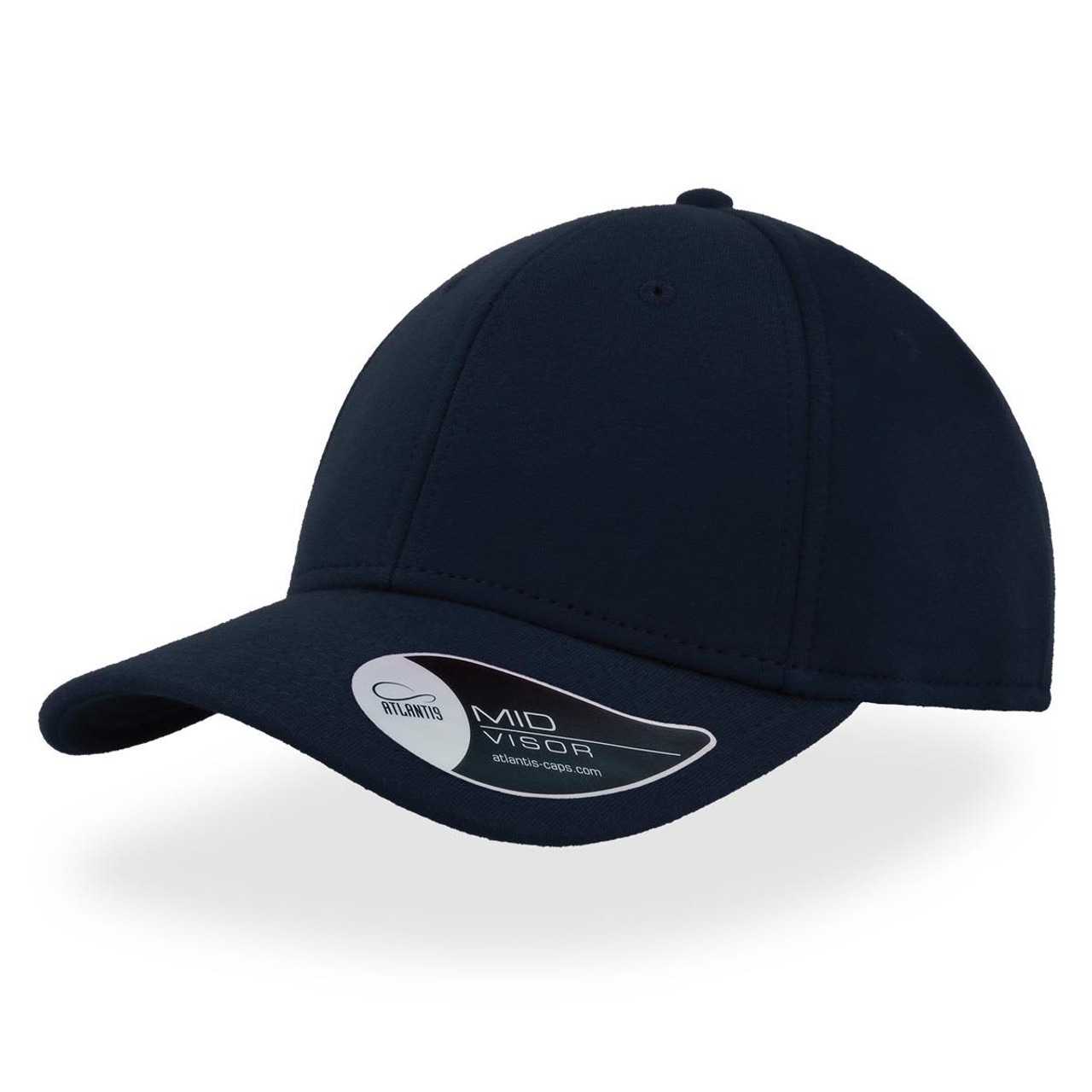 A navy cap with a mid visor, featuring a branded tag attached.