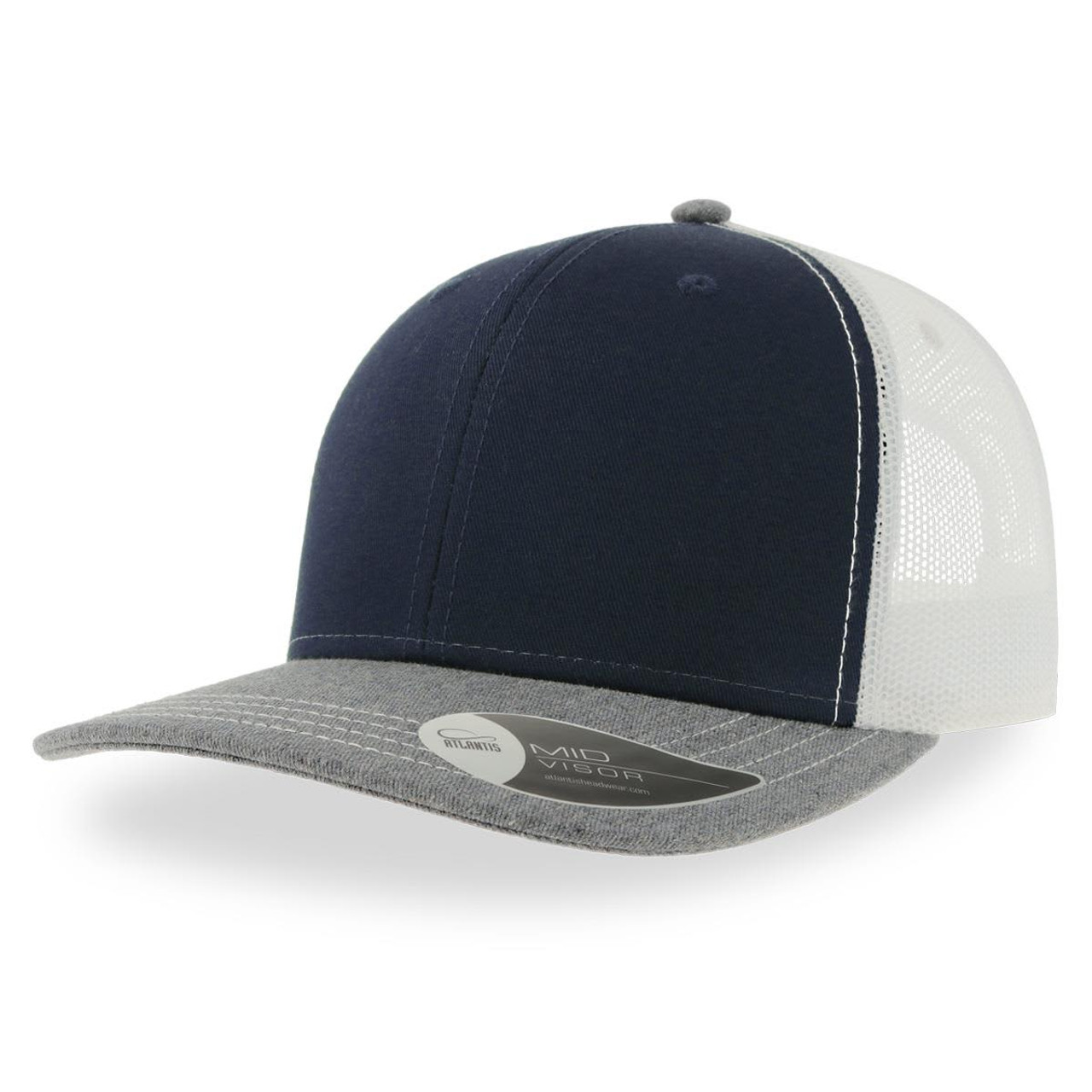 A navy blue and grey trucker cap with a mesh back and a branded label on the underside of the visor. A navy blue and grey trucker cap with a mesh back and a branded label on the underside of the visor.
