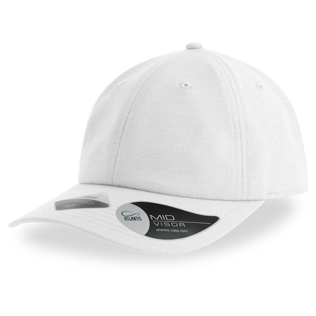 A white cap with a mid visor and a logo, featuring a classic design and structured fit.