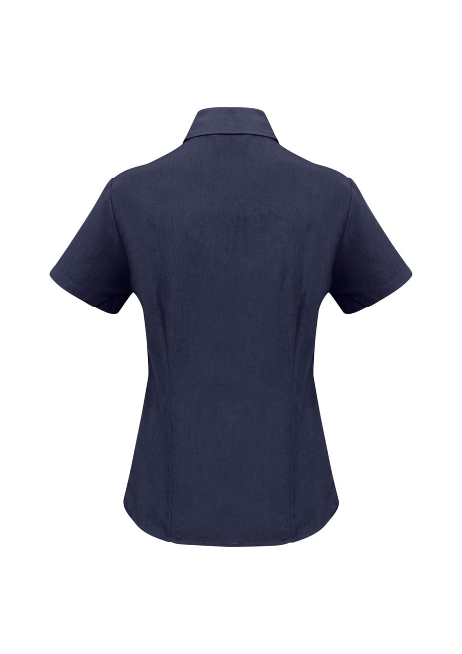 A navy blue women's short sleeve button-up shirt with a collared neckline and a fitted design at the back.