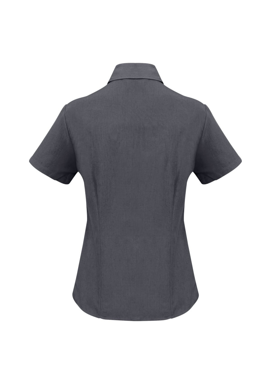 A grey short sleeve button-up shirt with a collar and fitted design, featuring a branding logo.