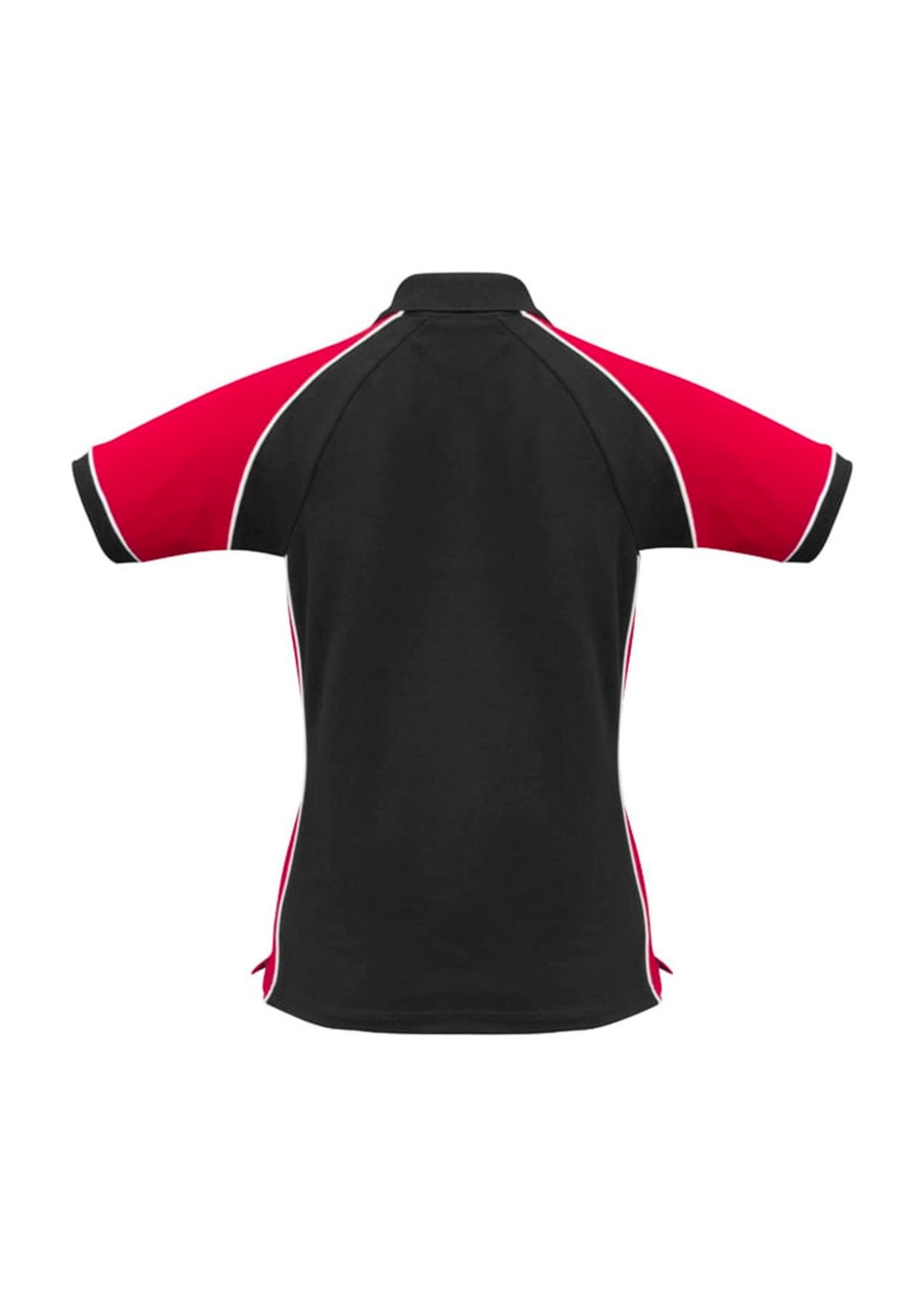 A women's short sleeve polo in black with red and white accents. Features a logo on the front.