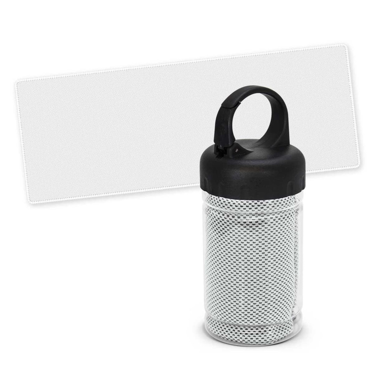A transparent tube with a black lid and a mesh design, featuring a cooling towel inside.