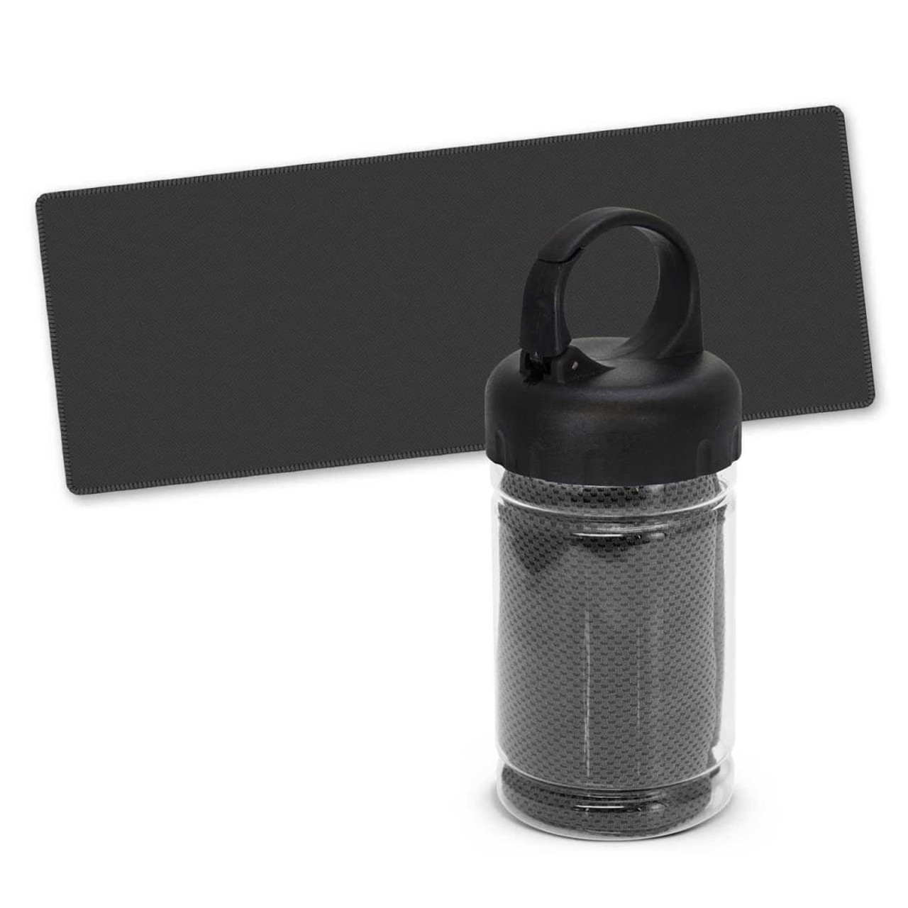 A cooling towel in a transparent tube with a black cap and handle, accompanied by a rectangular black background.