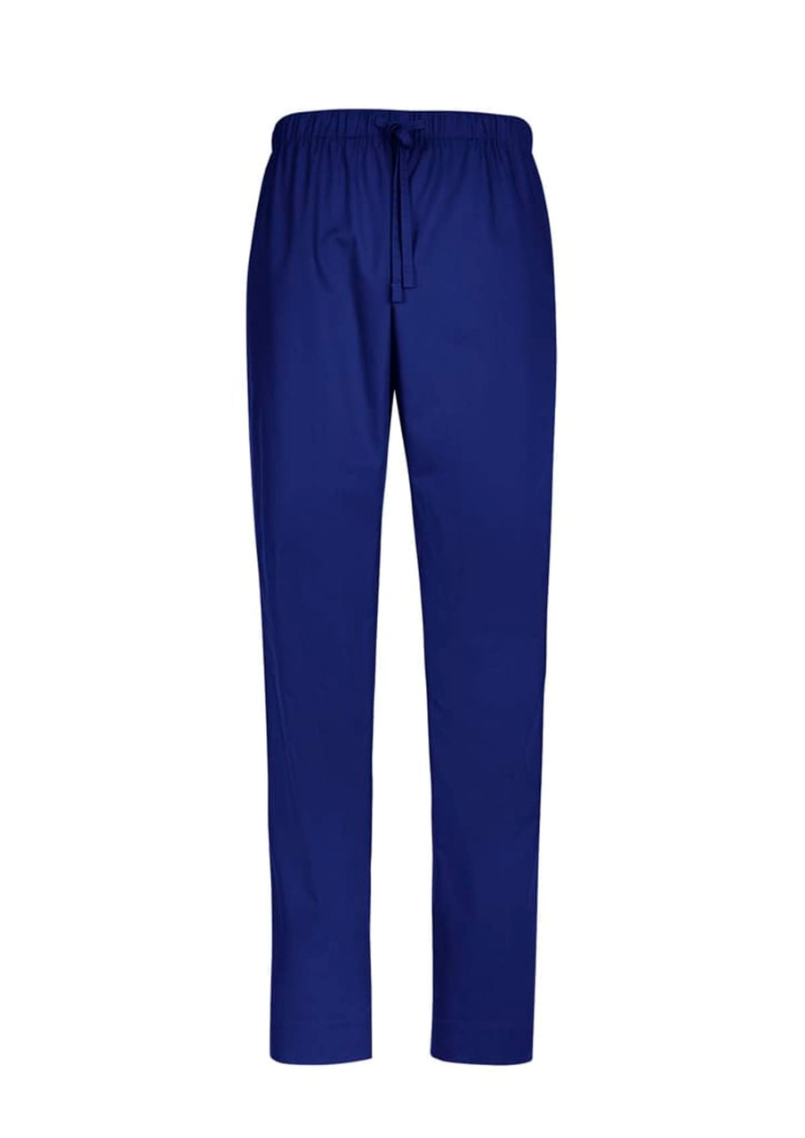 Reversible unisex scrub pants in navy blue with an elastic drawstring waist. Features a logo on the waistband.