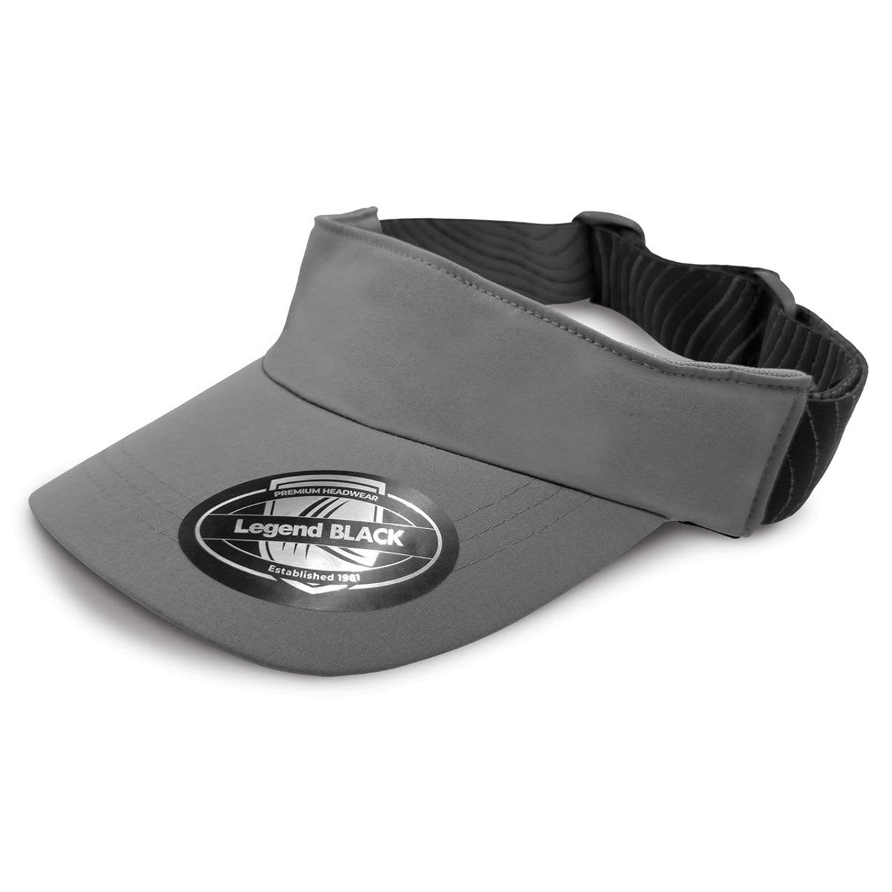 A grey visor with a wide brim and an adjustable black strap, featuring a logo on the front.