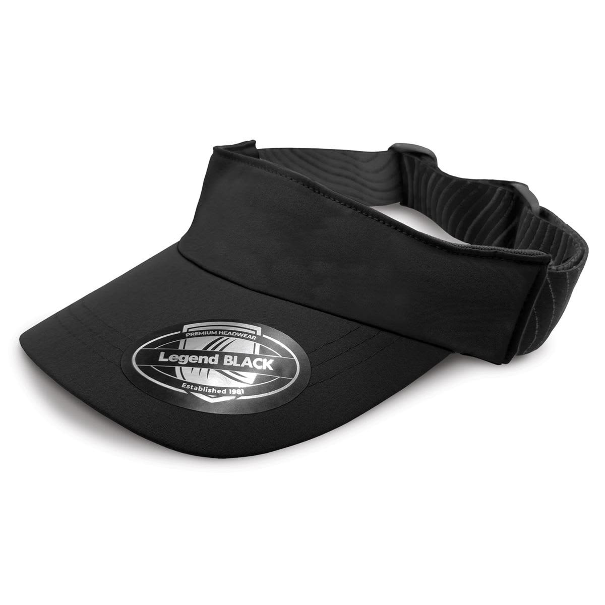 A black sports visor with a wide brim and an adjustable strap, featuring a logo on the front.