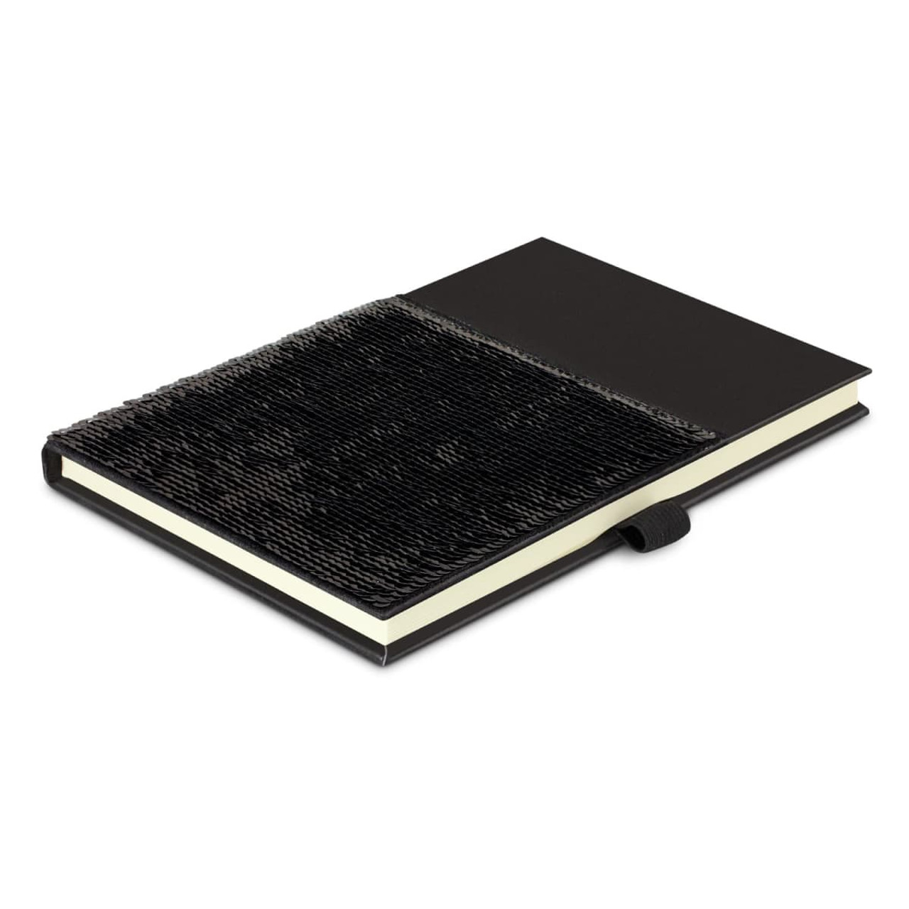 A black sequin notebook featuring a textured sequin cover and a ribbon bookmark. It has a logo on the front.