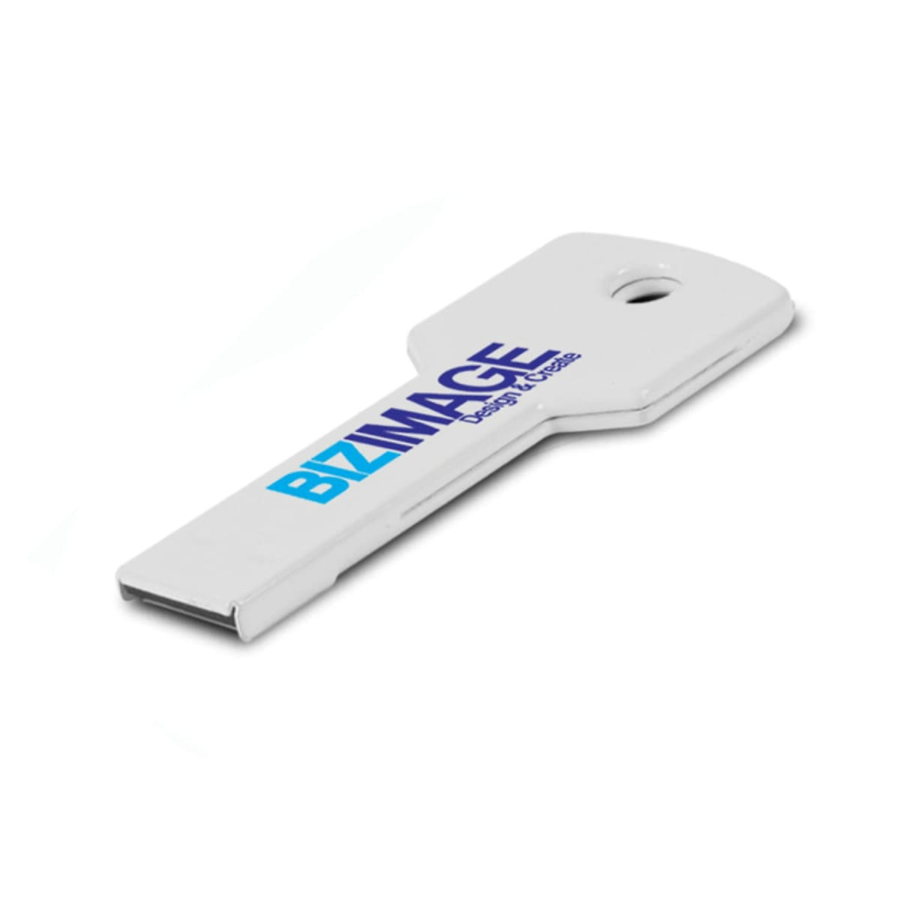 A white flash drive shaped like a key, featuring a branding logo.