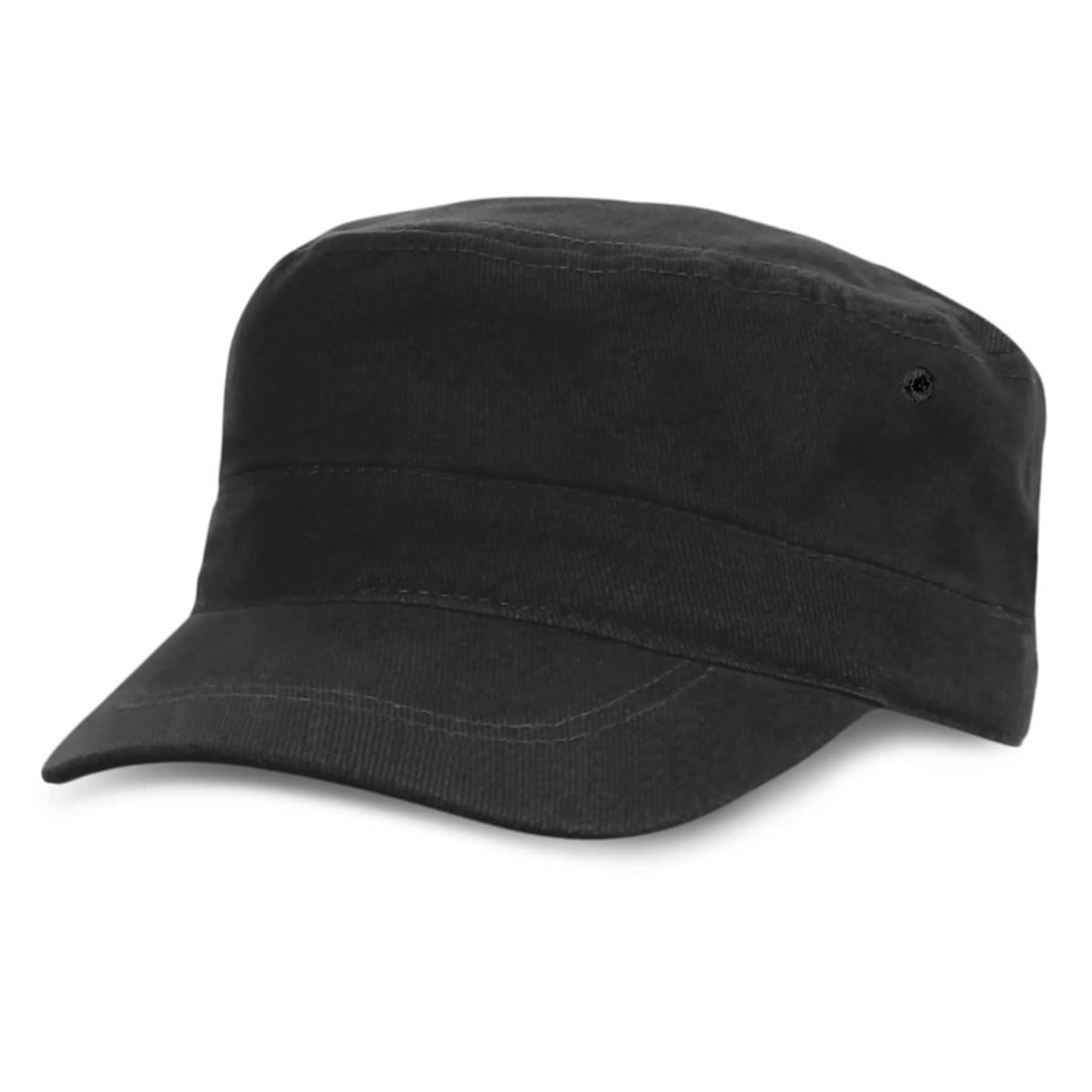 A black military-style cap featuring a logo, designed for casual headwear.
