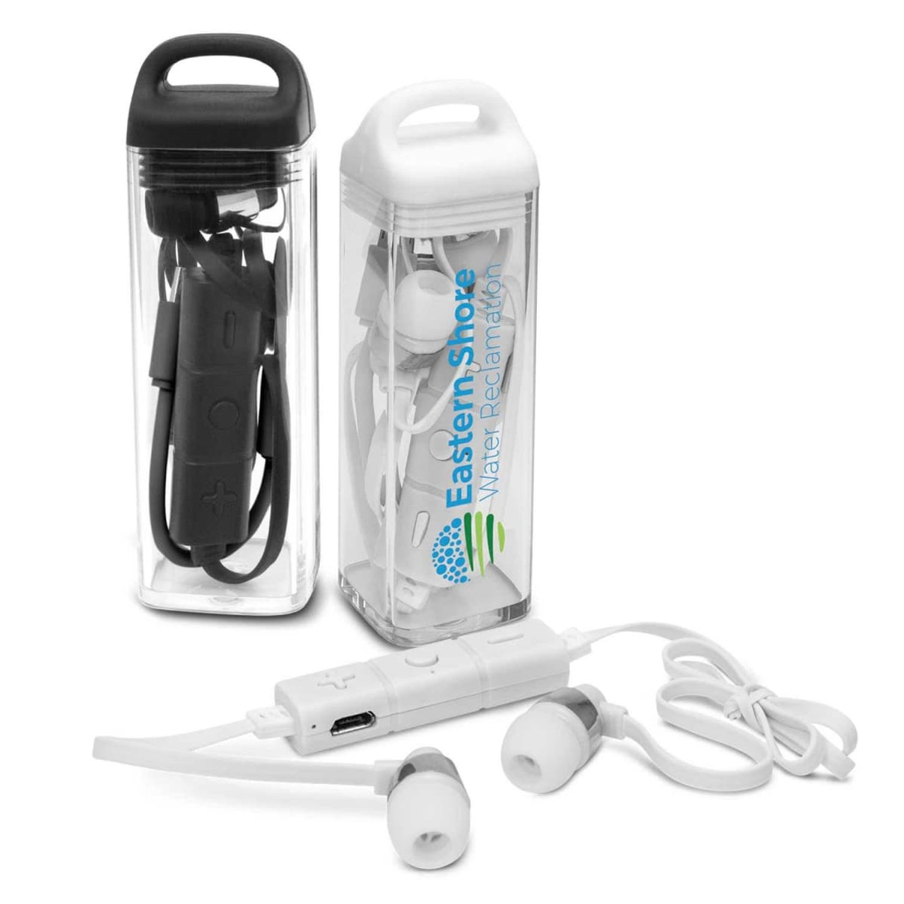 Two sets of Tycho Bluetooth earbuds in white and black, each packaged in a clear plastic case with a logo. Two sets of Tycho Bluetooth earbuds in white and black, each packaged in a clear plastic case with a logo.