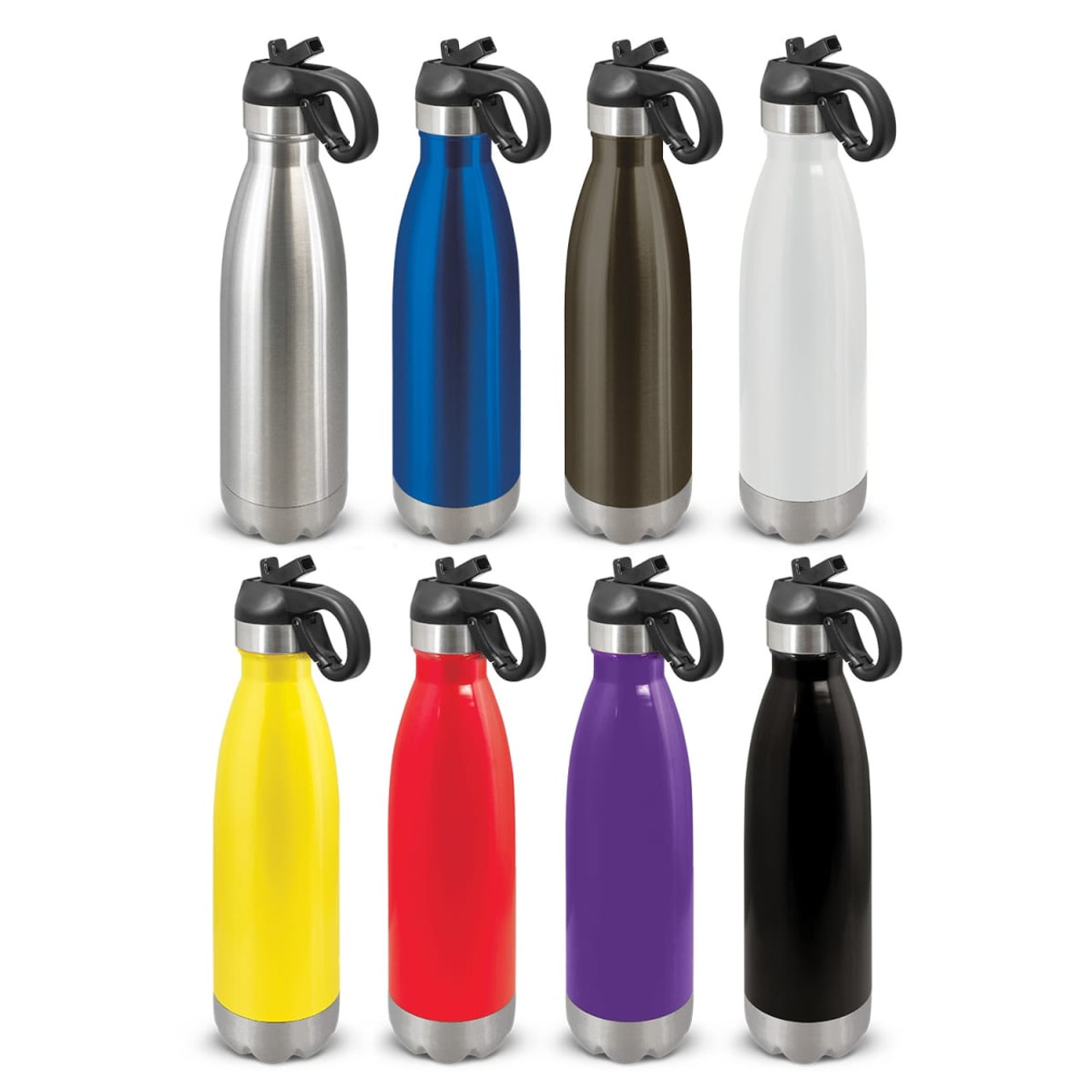 A drink bottle collection featuring stainless steel, blue, green, white, yellow, red, purple, and black colours, with flip lids and branding.