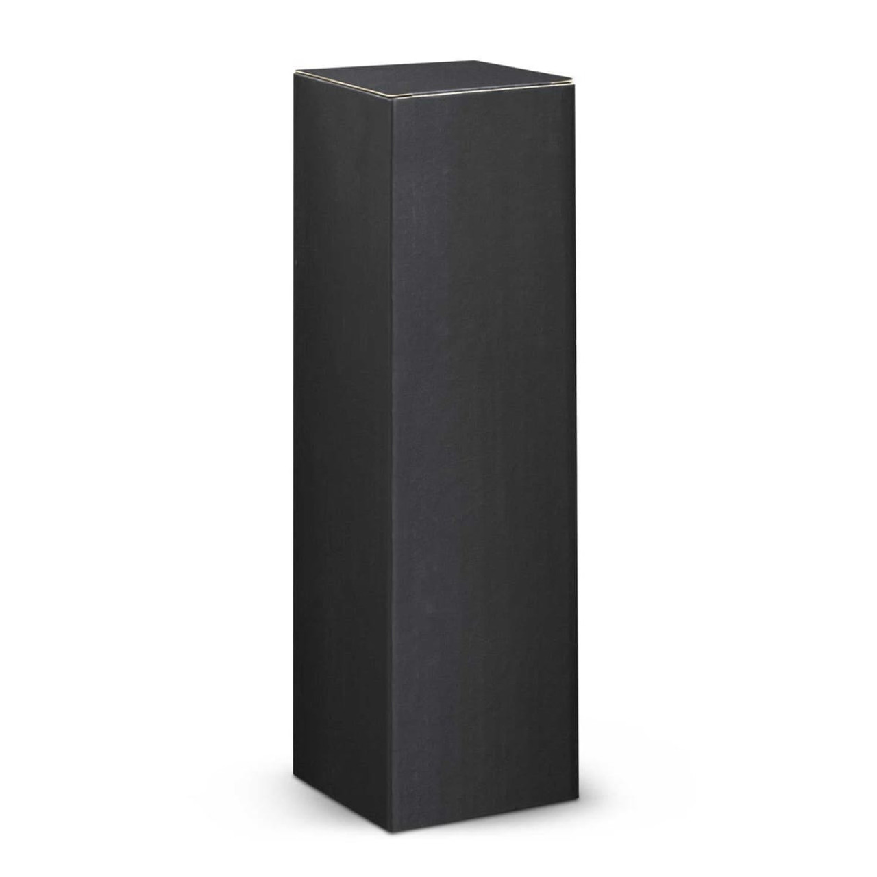A drink bottle in a sleek black design, stored in a tall, rectangular box with a simple, smooth surface.