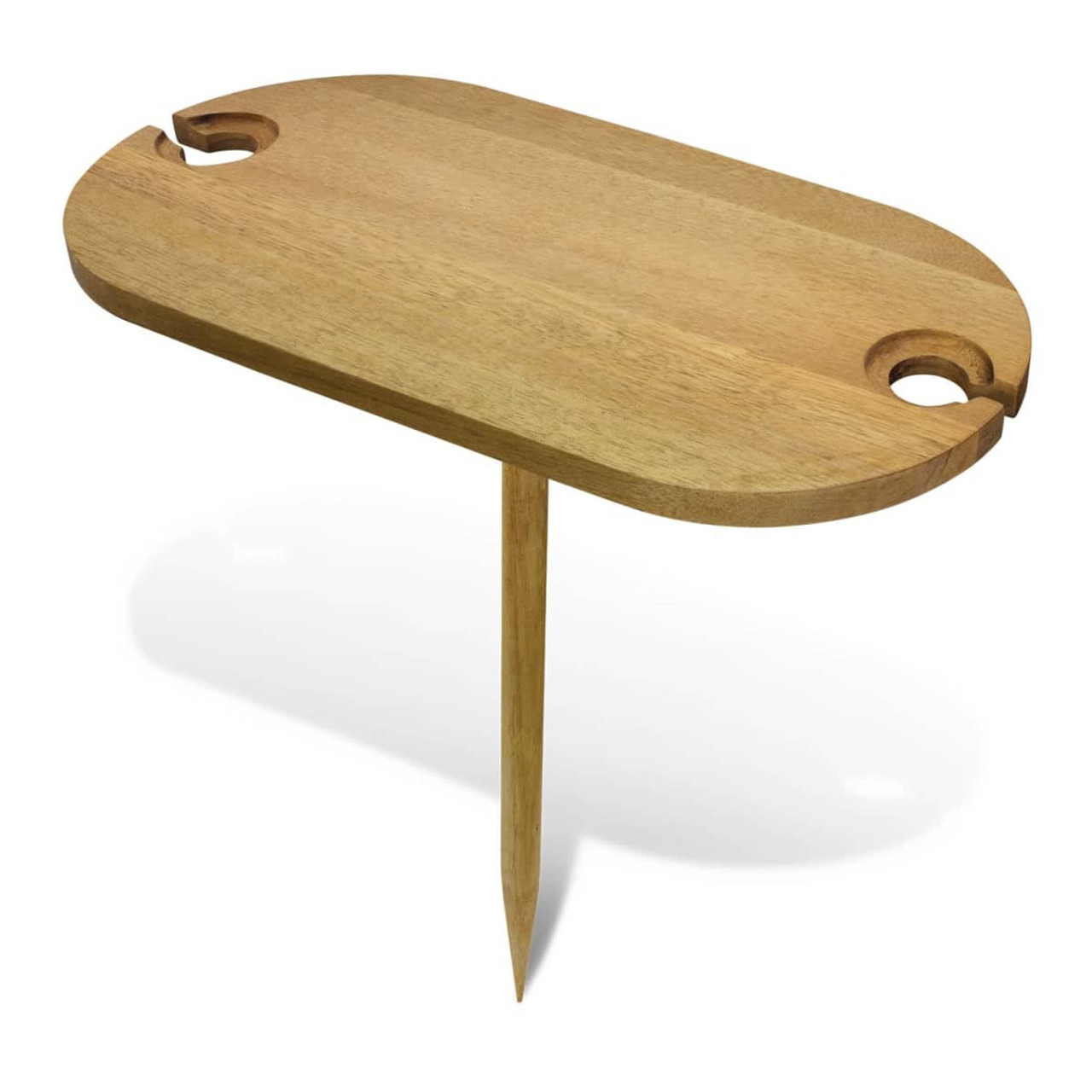 A wooden picnic serving board with a central spike and two circular cut-outs on the edges.