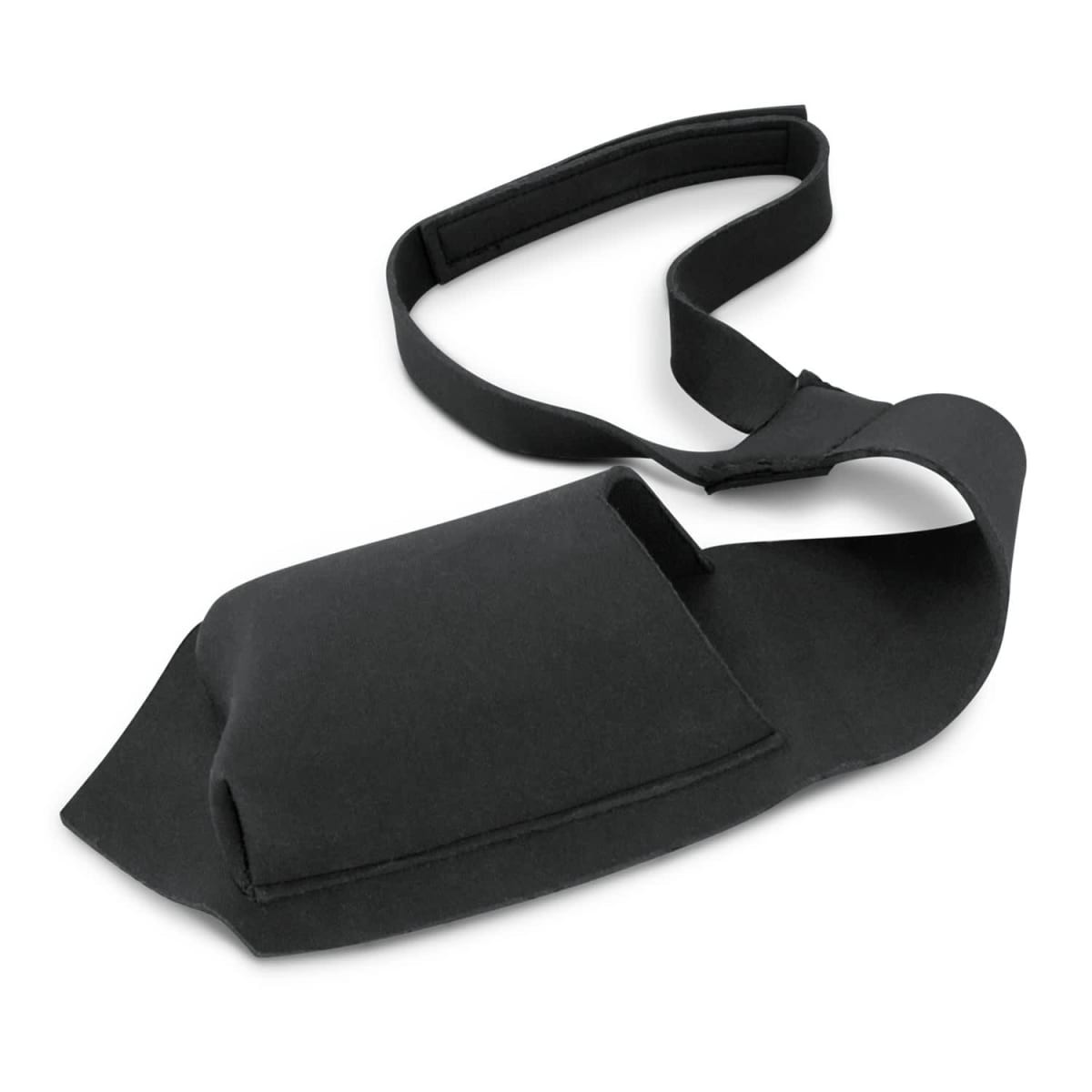 A black beverage tie designed to hold a drink bottle, featuring a strap for easy carrying.