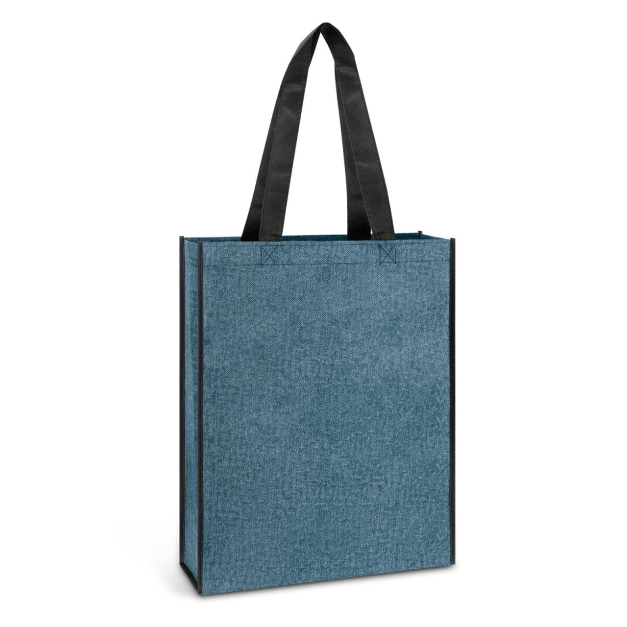 A blue heather tote bag with black handles, featuring a simple design and no visible logos. A blue heather tote bag with black handles, featuring a simple design and no visible logos.