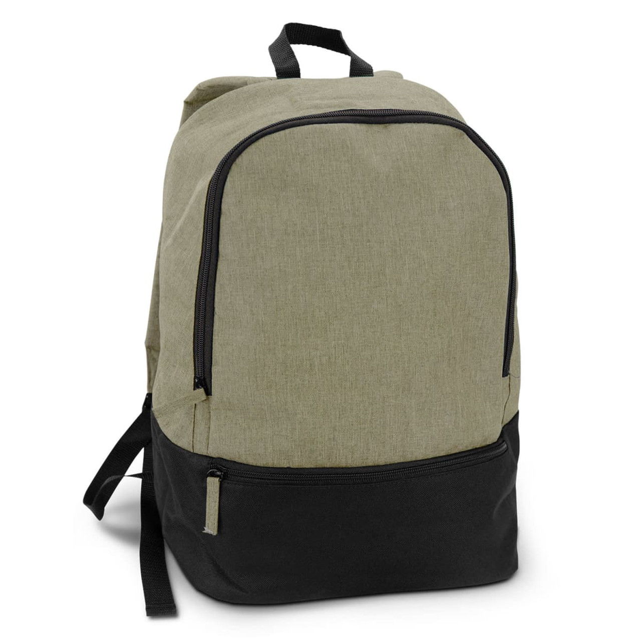 A green and black backpack with a large front pocket and logo, featuring adjustable straps and a sturdy design.