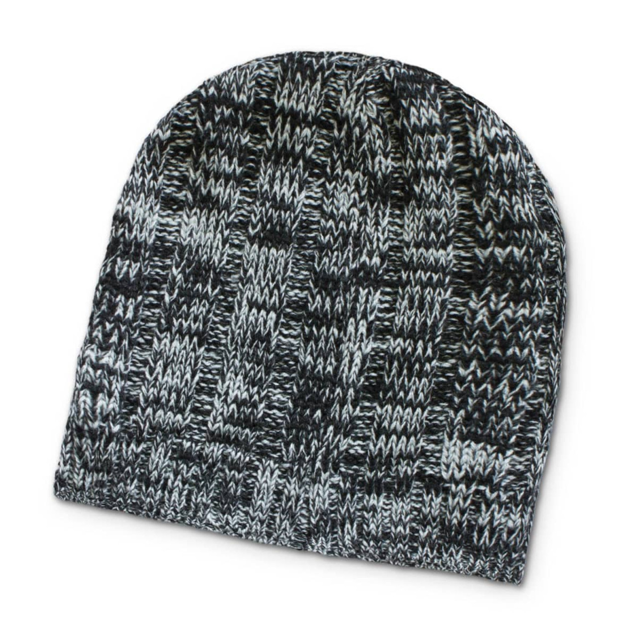 A black and grey knit beanie with a textured pattern and a small logo. A black and grey knit beanie with a textured pattern and a small logo.