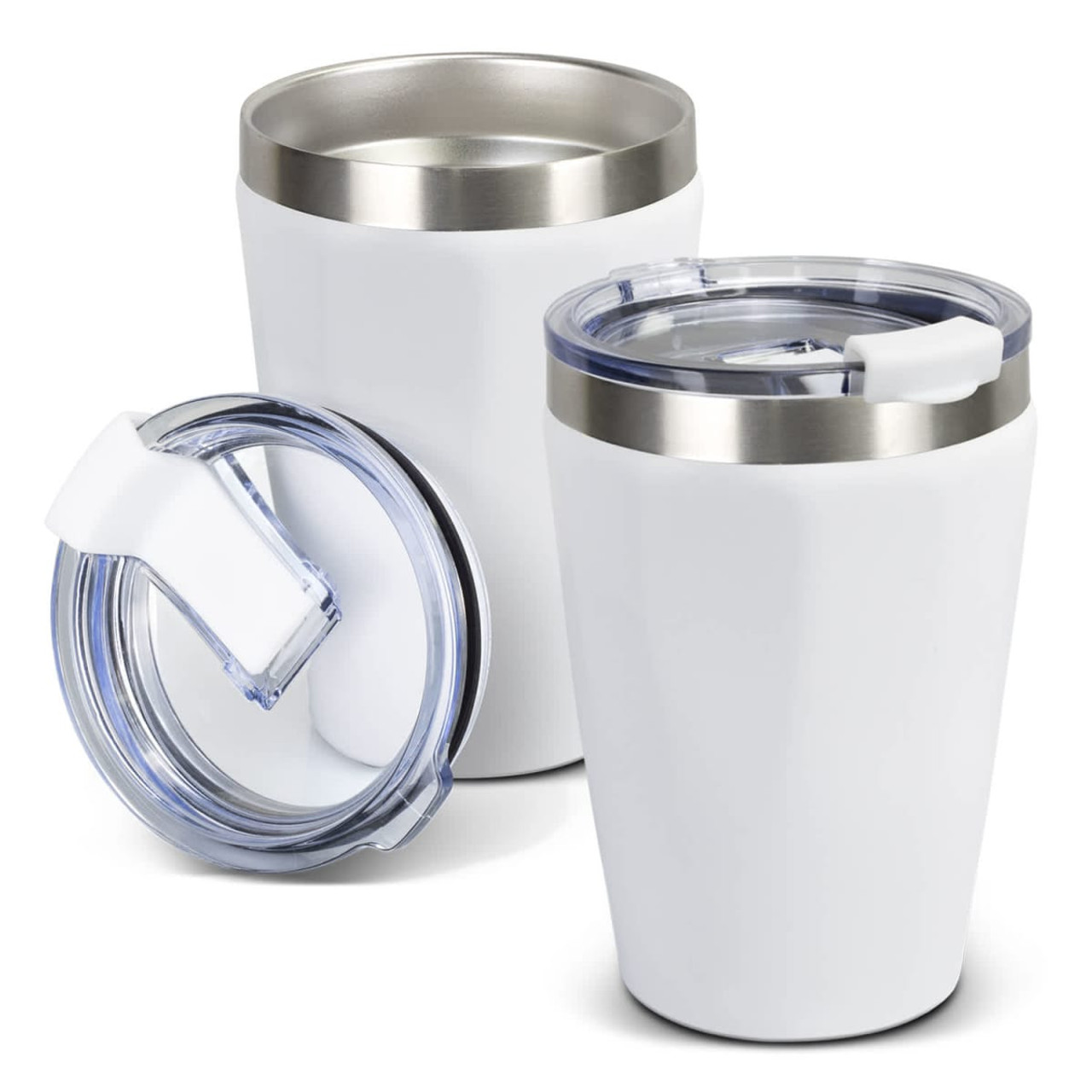 A drink bottle featuring a sleek white exterior and stainless steel trim, with a clear lid.