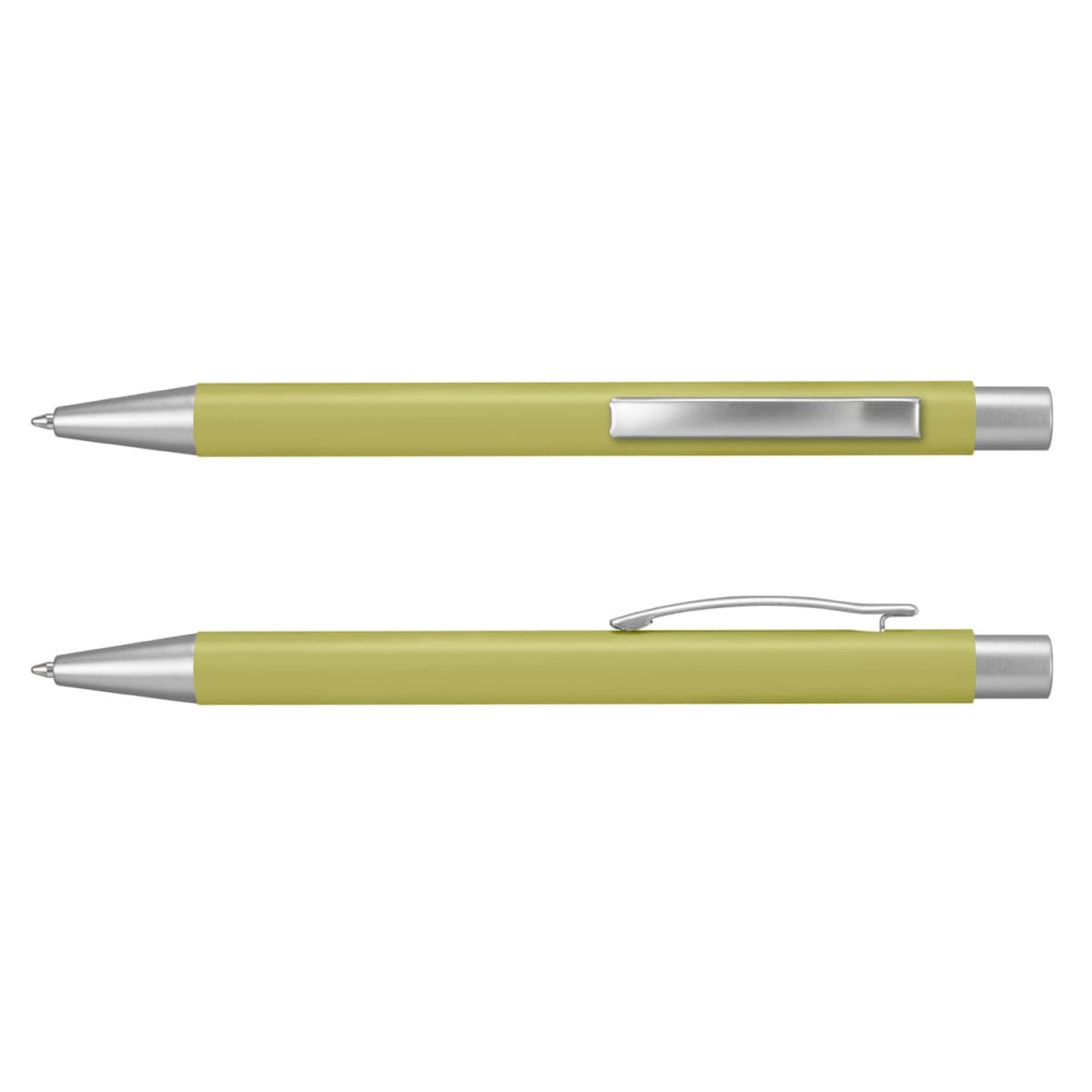 A metal pen in a vibrant green colour with silver accents and a clip. It features a sleek design. A metal pen in a vibrant green colour with silver accents and a clip. It features a sleek design.