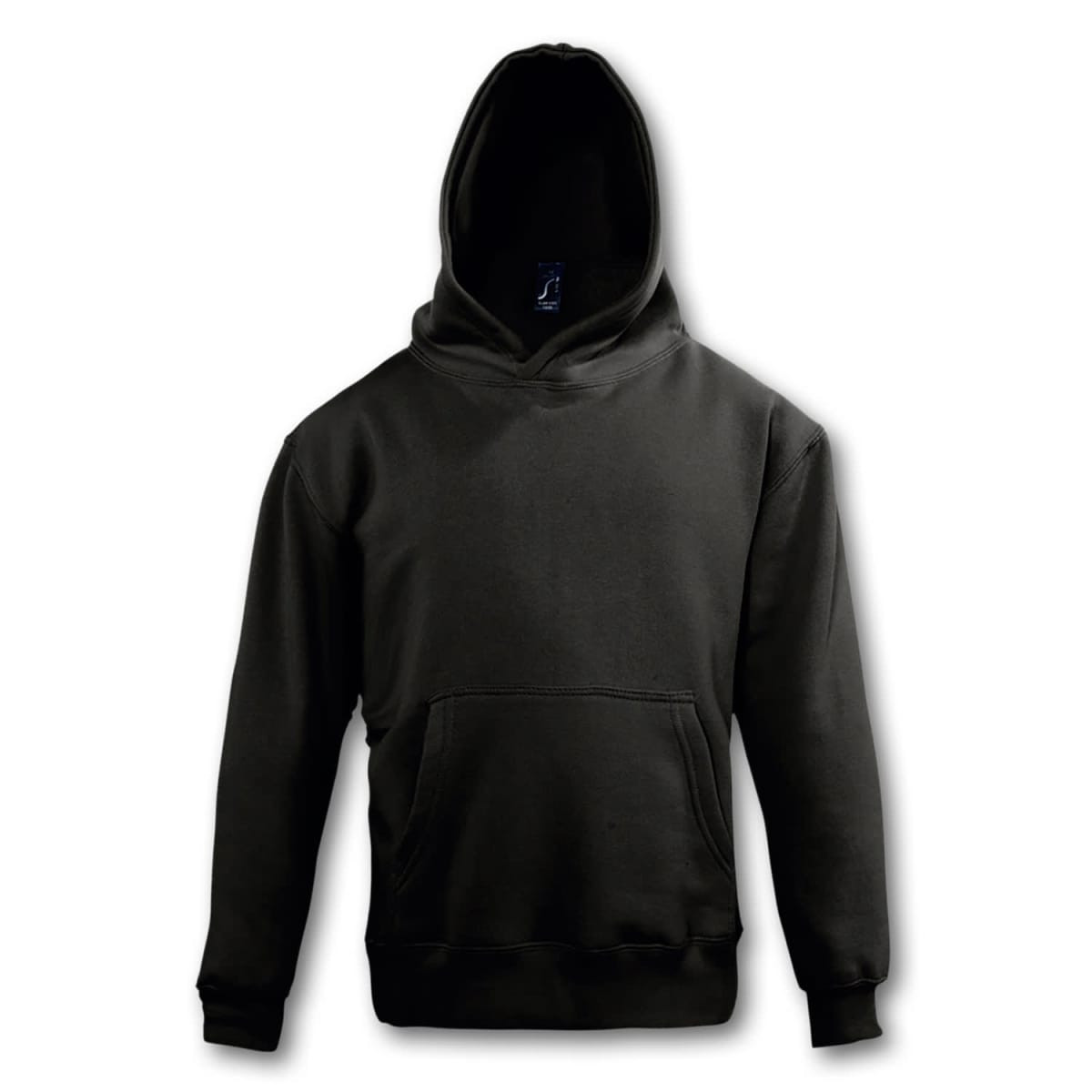 A dark green hooded sweatshirt with a front pocket and a large hood. It features a logo on the inside.