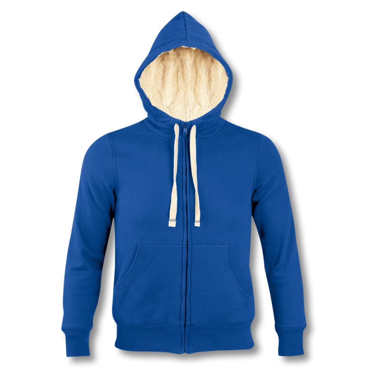 A blue unisex zipped sweatshirt with a cosy sherpa-lined hood and front pockets; features a logo.