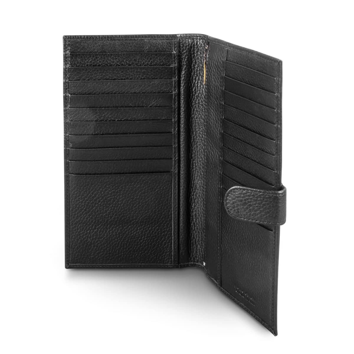 A black leather passport wallet featuring multiple card slots and a secure closure.